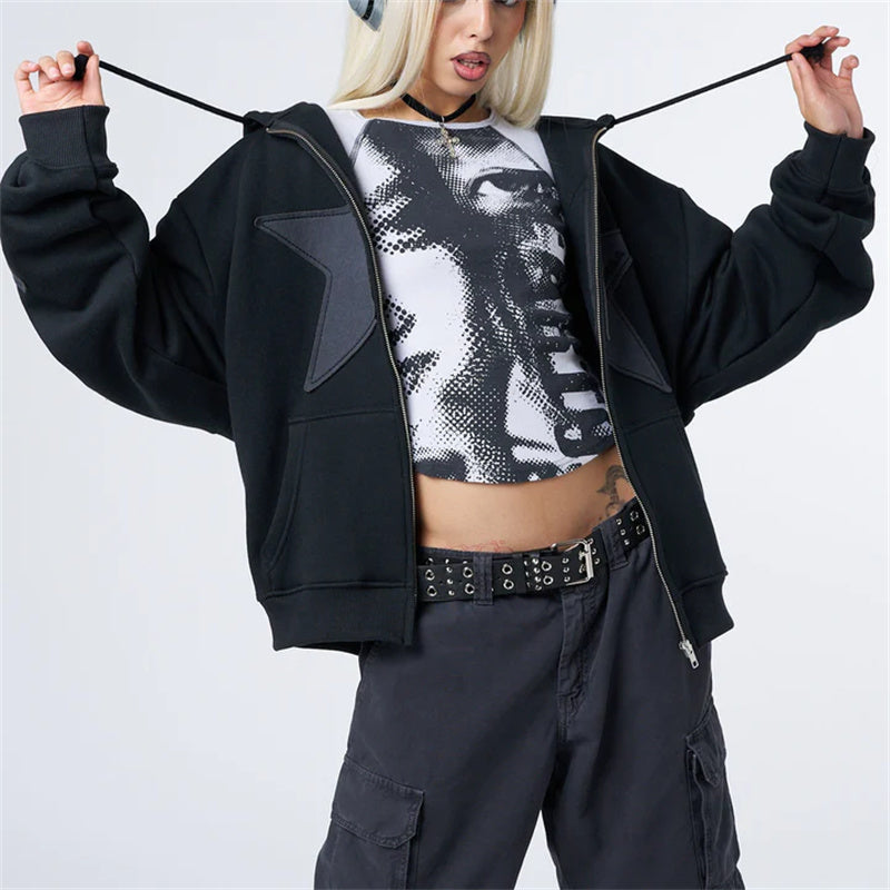 Star Patchwork Zip-Up Graphic Hoodie Shirt