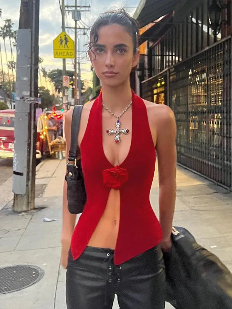 Red Floral Sleeveless V-Neck Tops