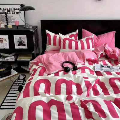 Korean Pink Letter Bedding Set