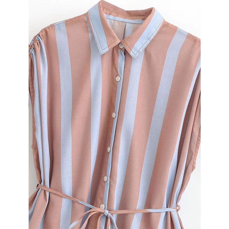 Sleeveless Lapel Collar Striped Shirt