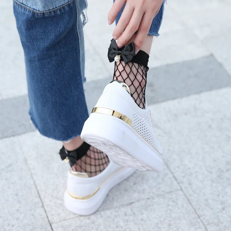 Ladies Fishnet Socks Heel With Bow Pearls Funny Breathable Socks