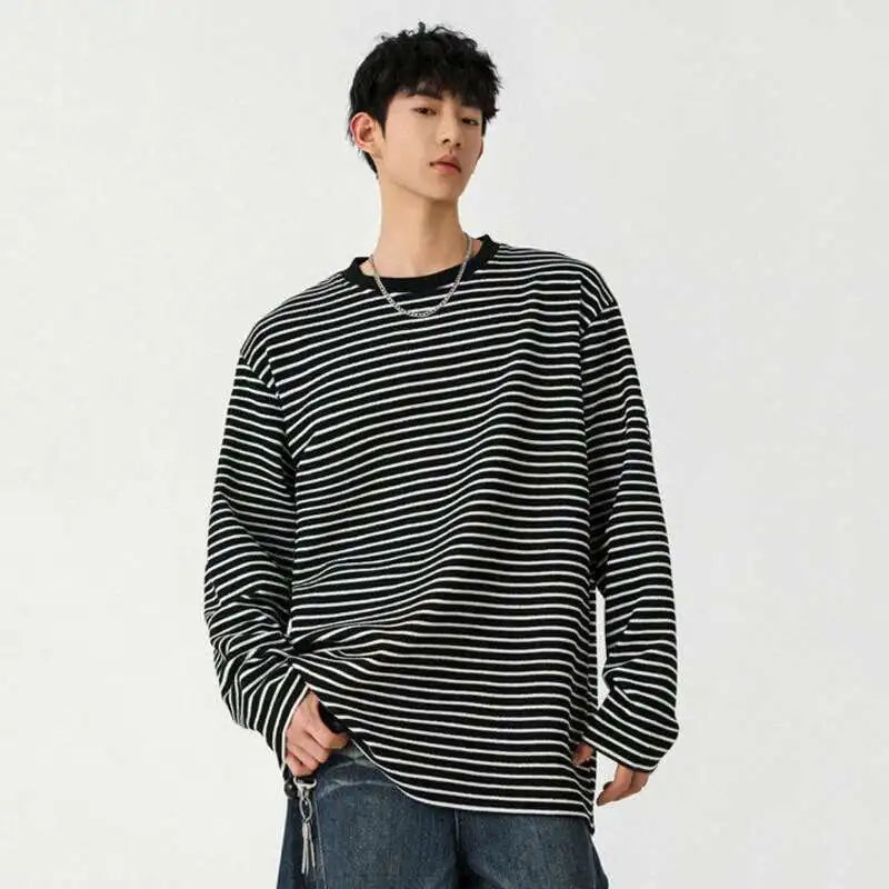 Korean Spring Striped Round Collar Casual T-Shirt