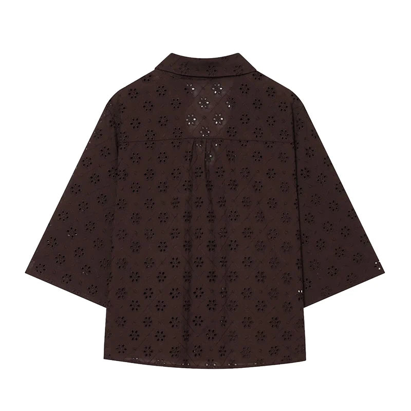 Women Brown Openwork Embroidery Shirt