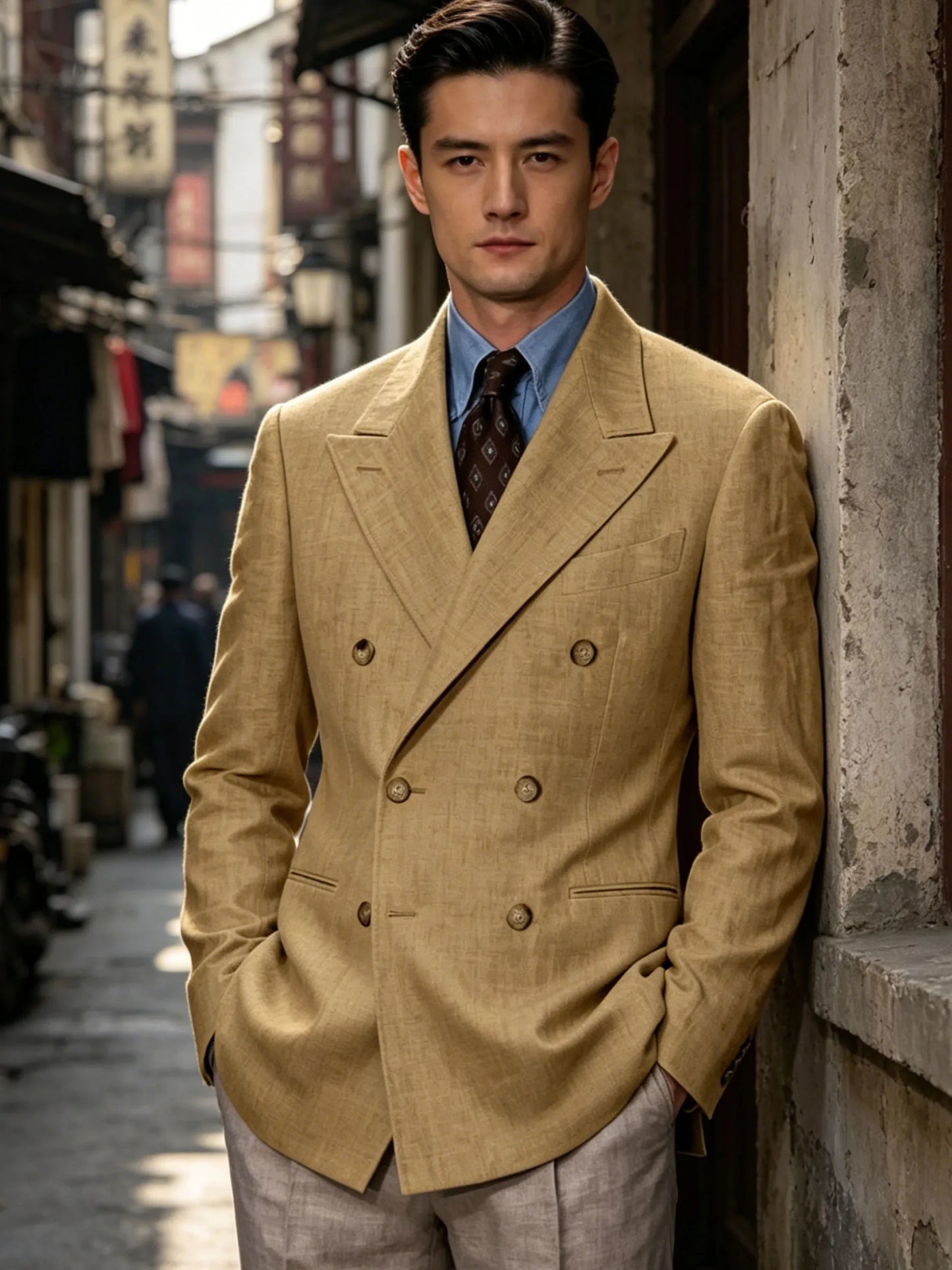 Double Breasted Linen Blend Blazer