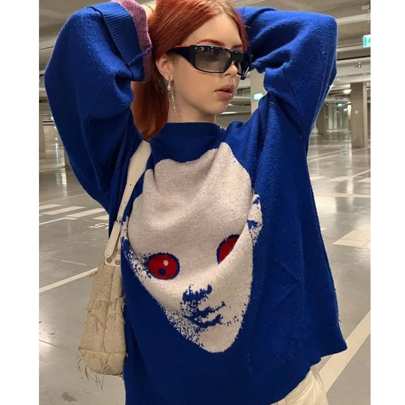 Weirdcore Alien Print Knitted Sweater
