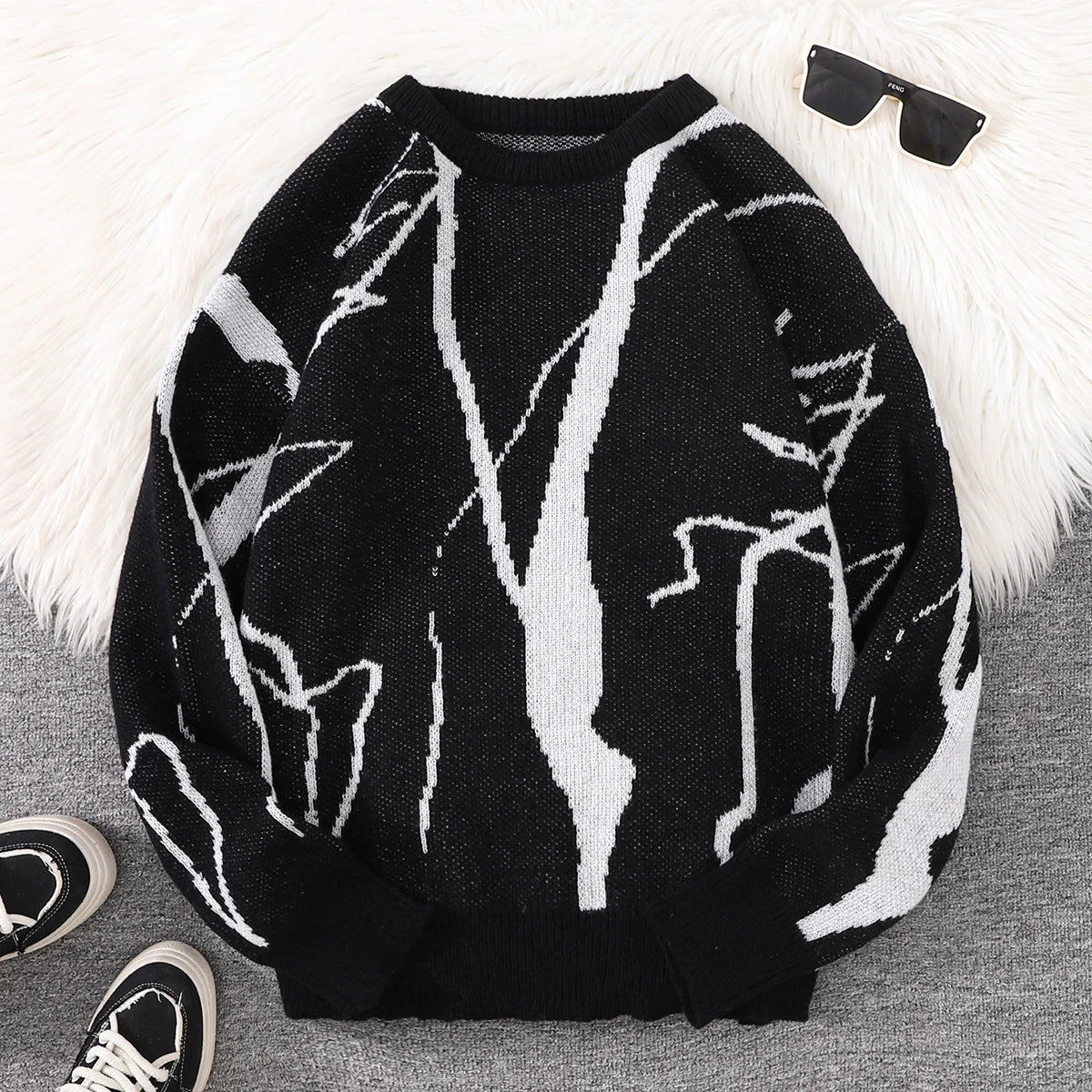 Weirdcore Abstract Pattern Round Neck Sweater