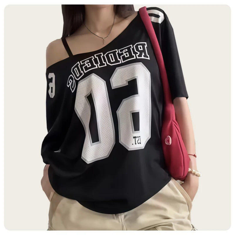 Summer 90S Loose Off-shoulder T-shirt