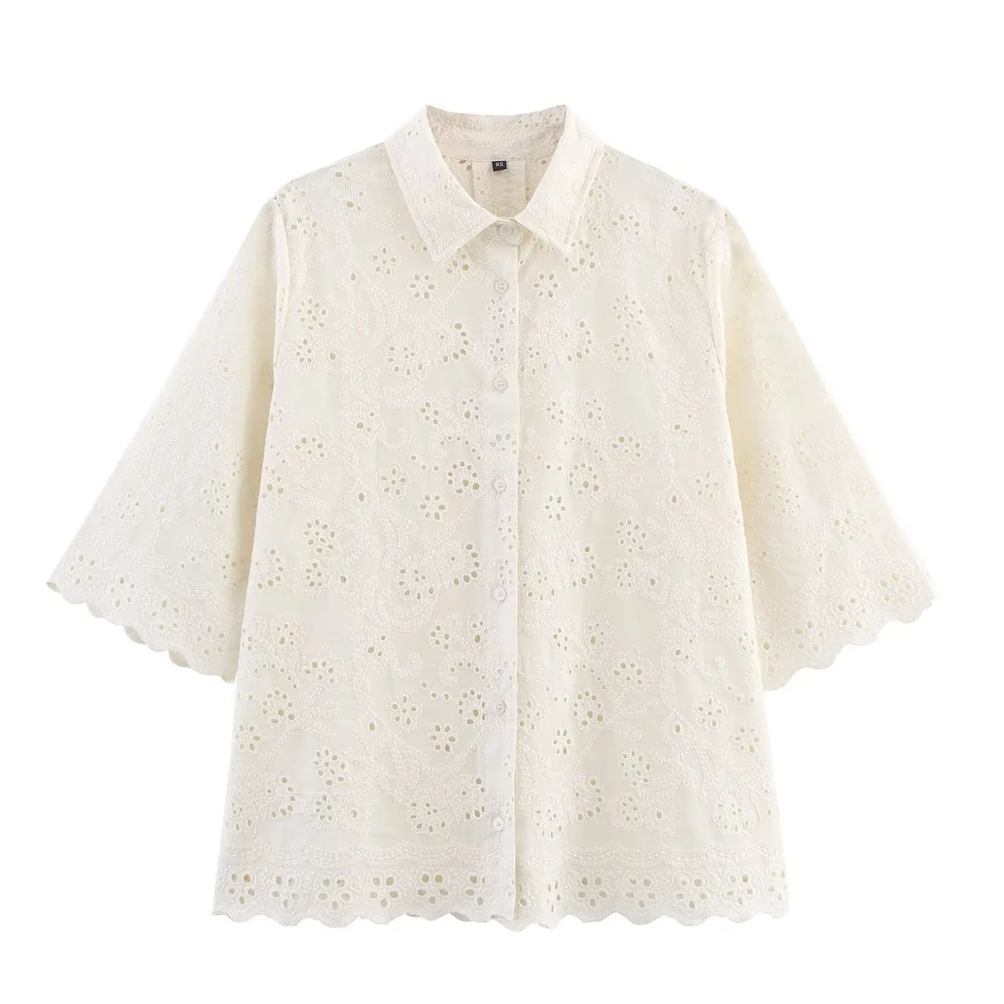 Fashion Hollow Out Embroidery Women Shirt