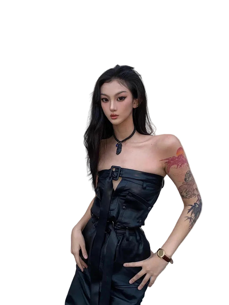 Cool Black Leather High Waist Maxi Skirt Slit Belt
