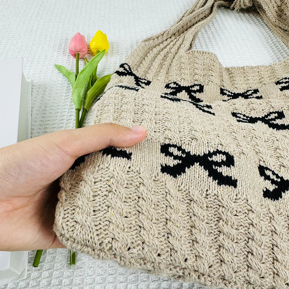 Bow Pattern Knitted Crochet Tote Bag
