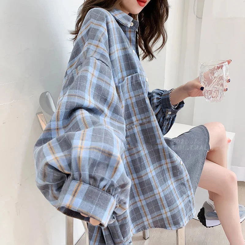 Soft Girl Korean Style Plaid Oversized Shirt