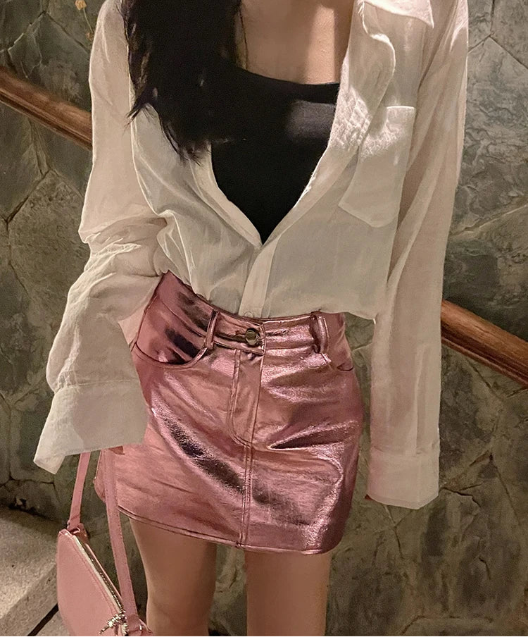 Pink Silver Reflective Shiny Leather Mini Skirts