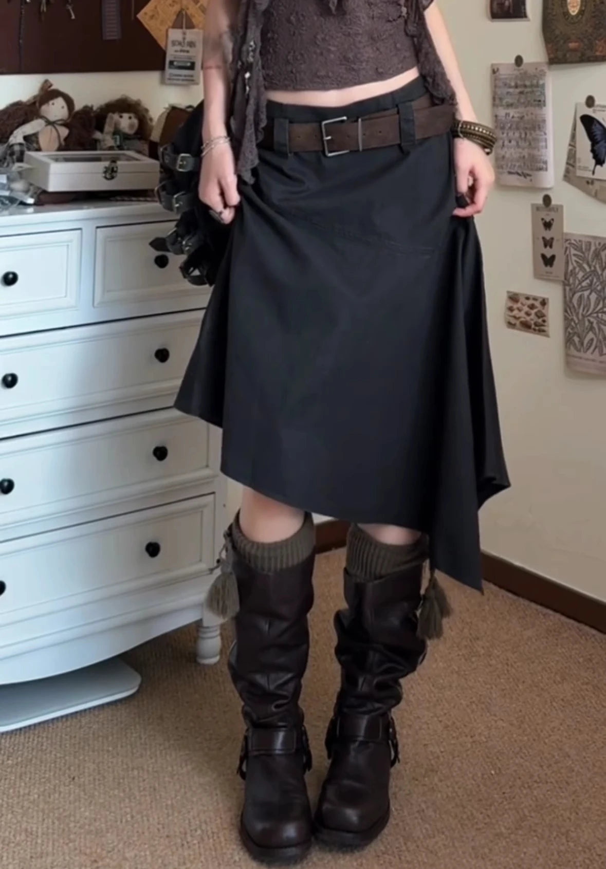 Harajuku Y2k Grunge Aesthetic Black Midi Skirt
