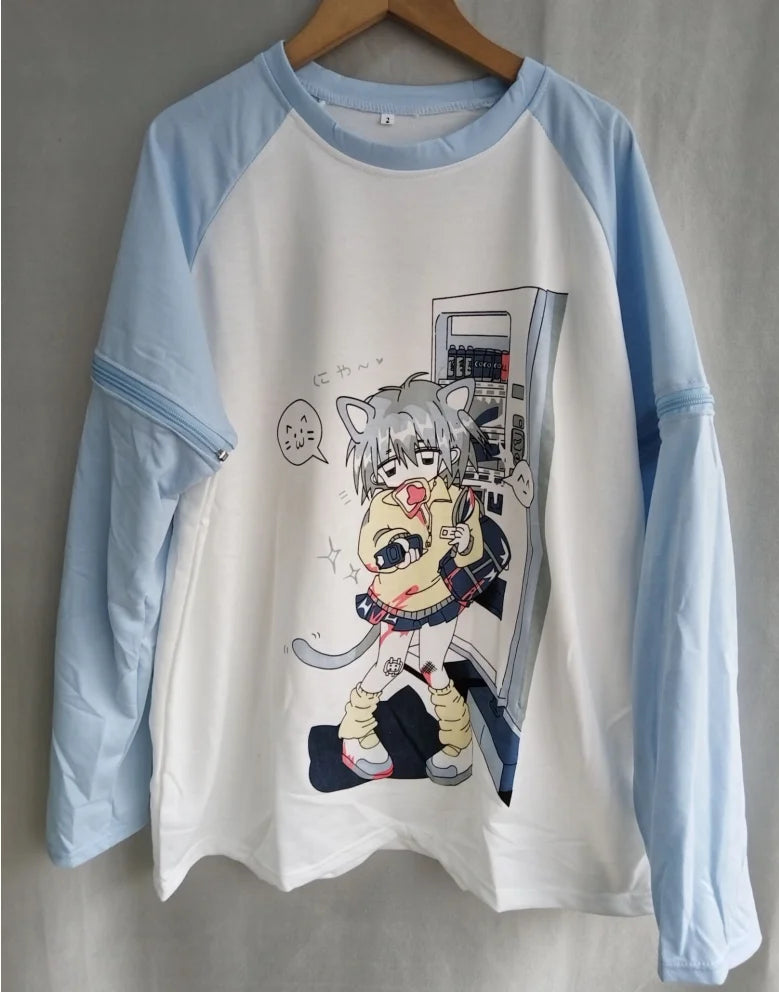 Long Sleeve Kawaii Cat Print T-Shirt