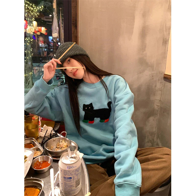 Oversized Women's Black Cat Sweatshirt