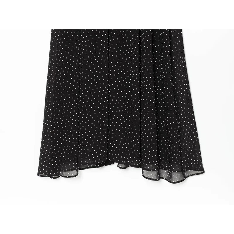French Style Polka Dot High Neck Pleated Chiffon Dress