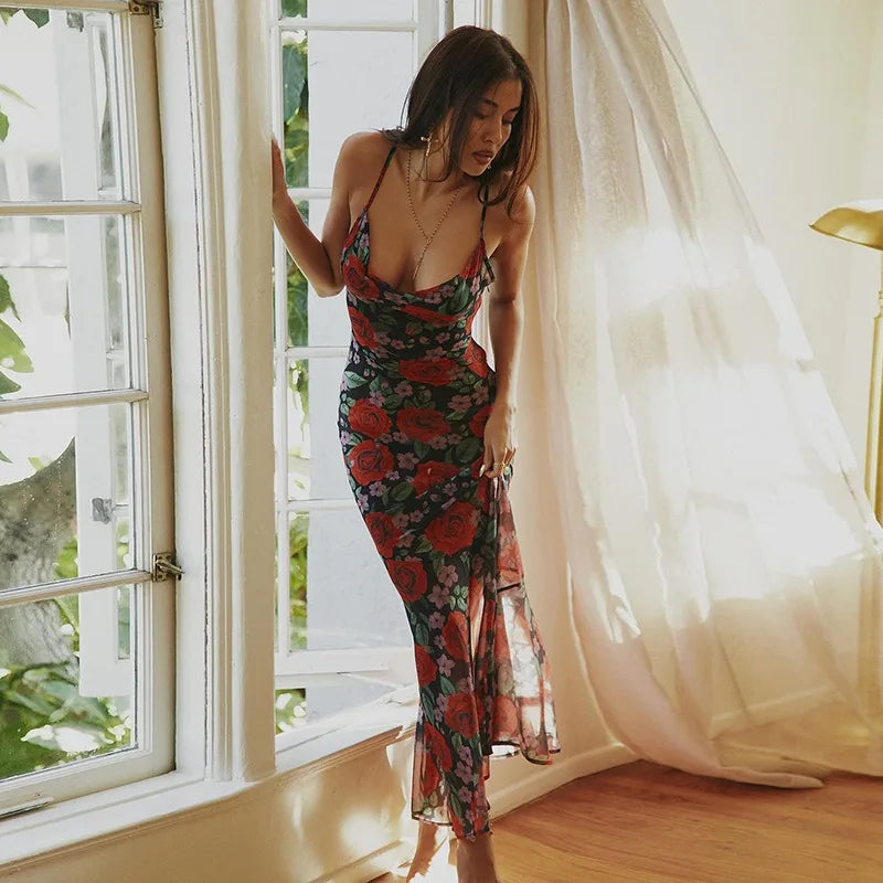 Floral Red Rose Maxi Dress