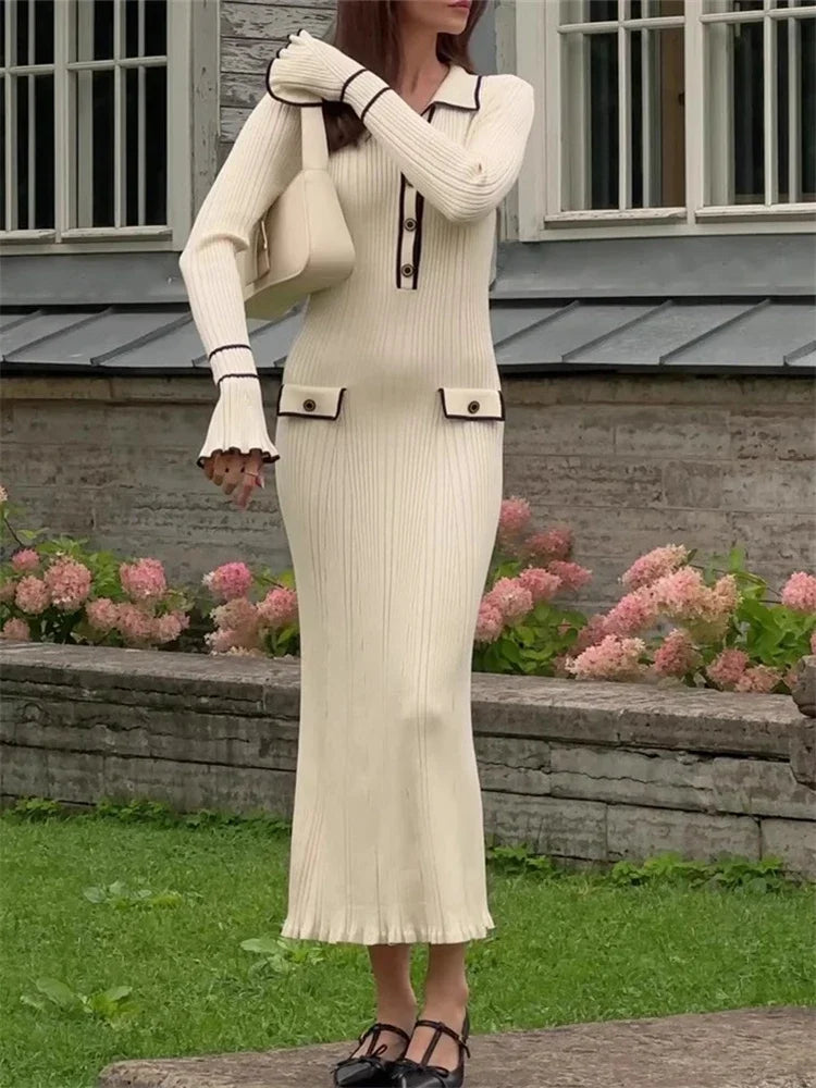 Old Money Knitted Ruffles Maxi Dress