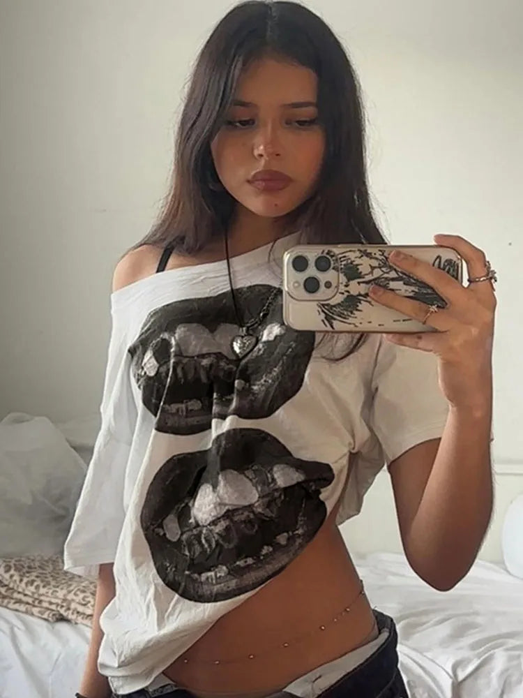 American Street Hip Hop Mouth Print Loose T-shirt