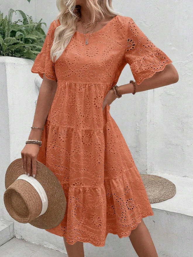 Women's White Hollow Out Boho Midi Dress