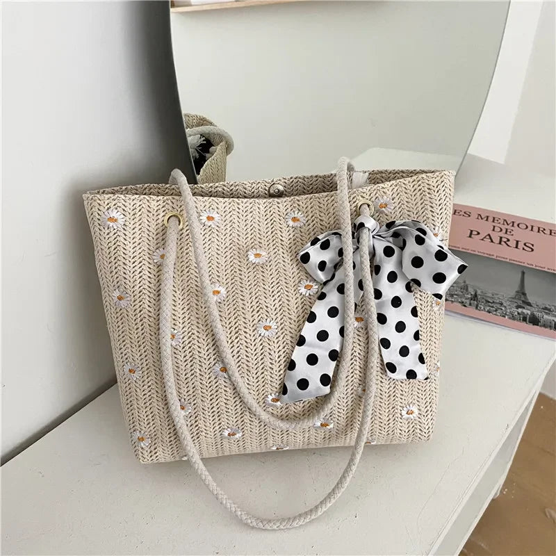 Bow-Tie Embroidery Daisy Shoulder Bag