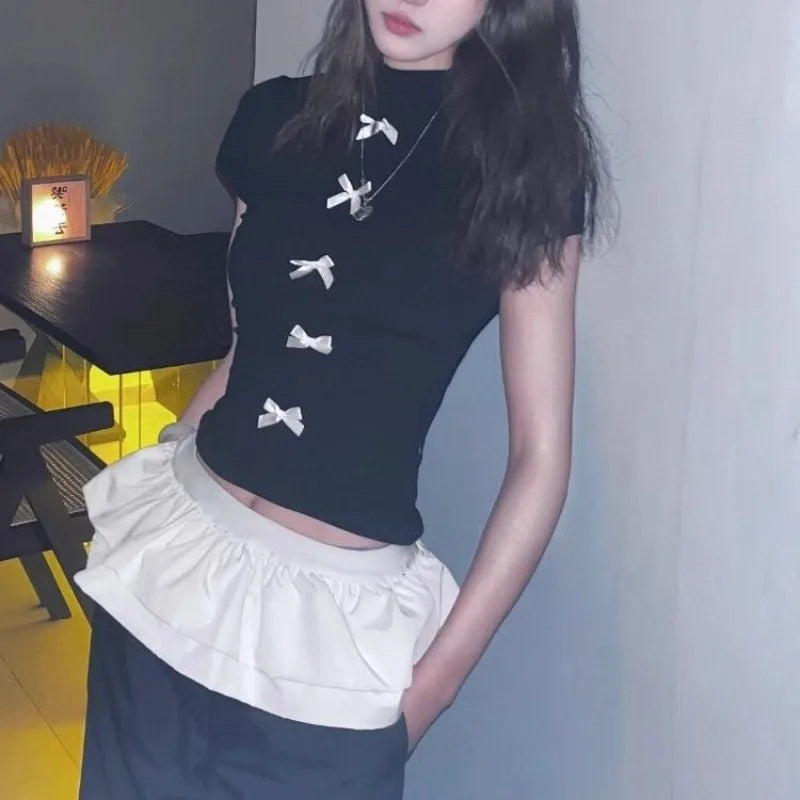 Bright Line Decoration Bow Slim T-Shirt
