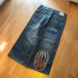 Virgin Mary Embroidered Wide Jeans