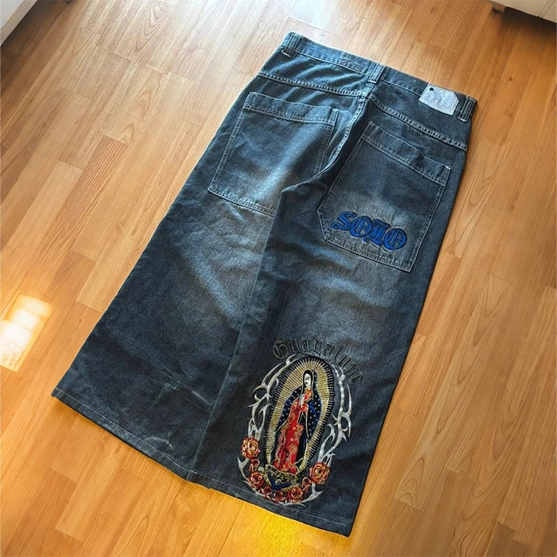 Virgin Mary Embroidered Wide Jeans