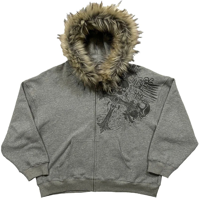 Sudadera con capucha y cuello de piel sintética