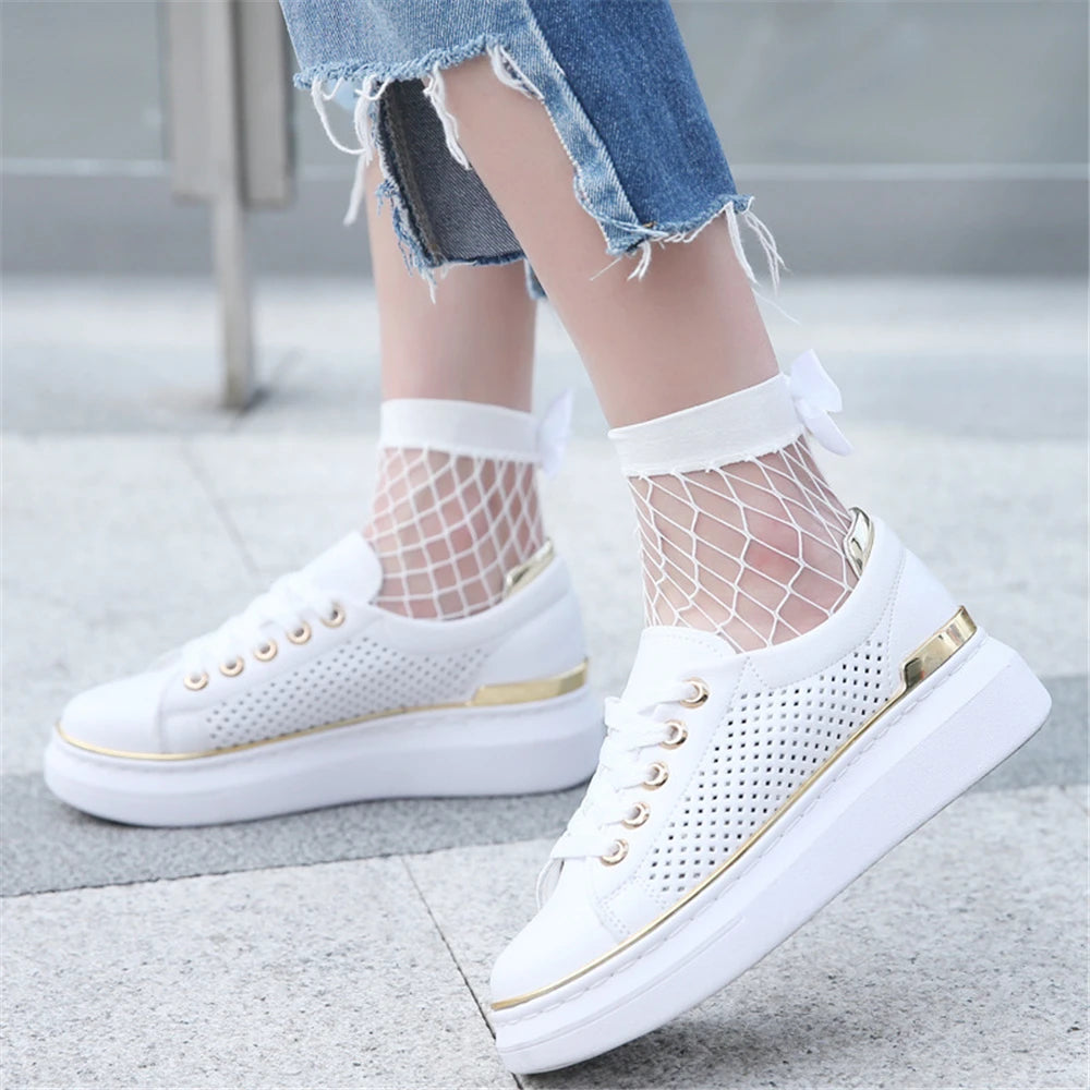 Ladies Fishnet Socks Heel With Bow Pearls Funny Breathable Socks