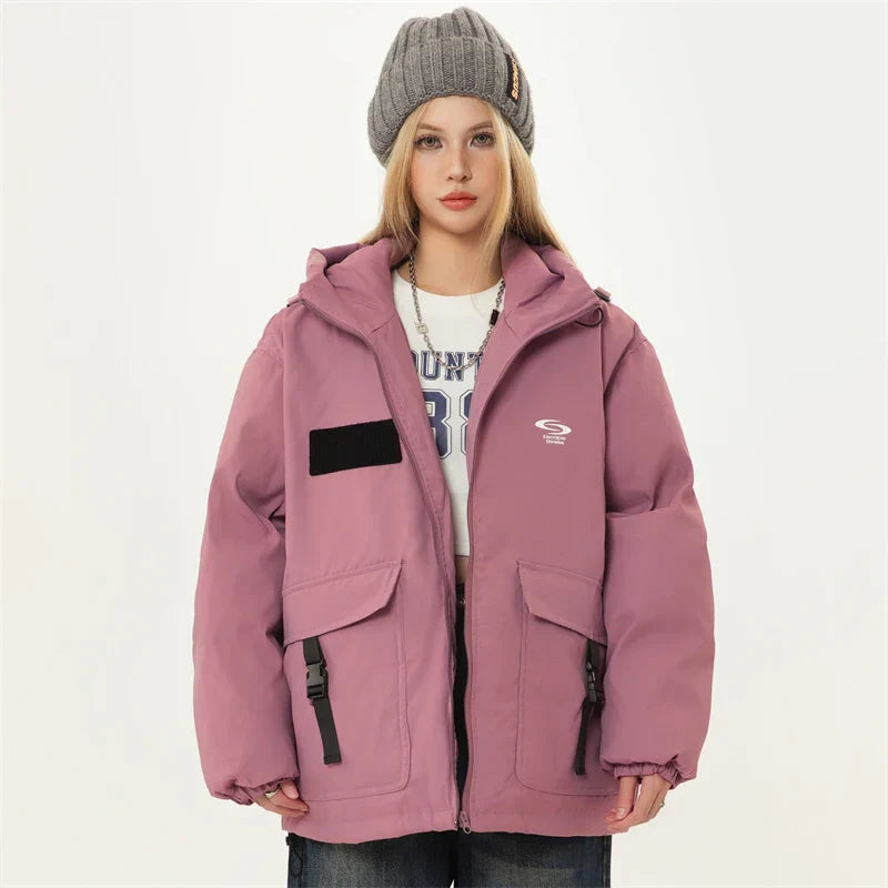 Front Pockets Hooded Pink Parka Jacket