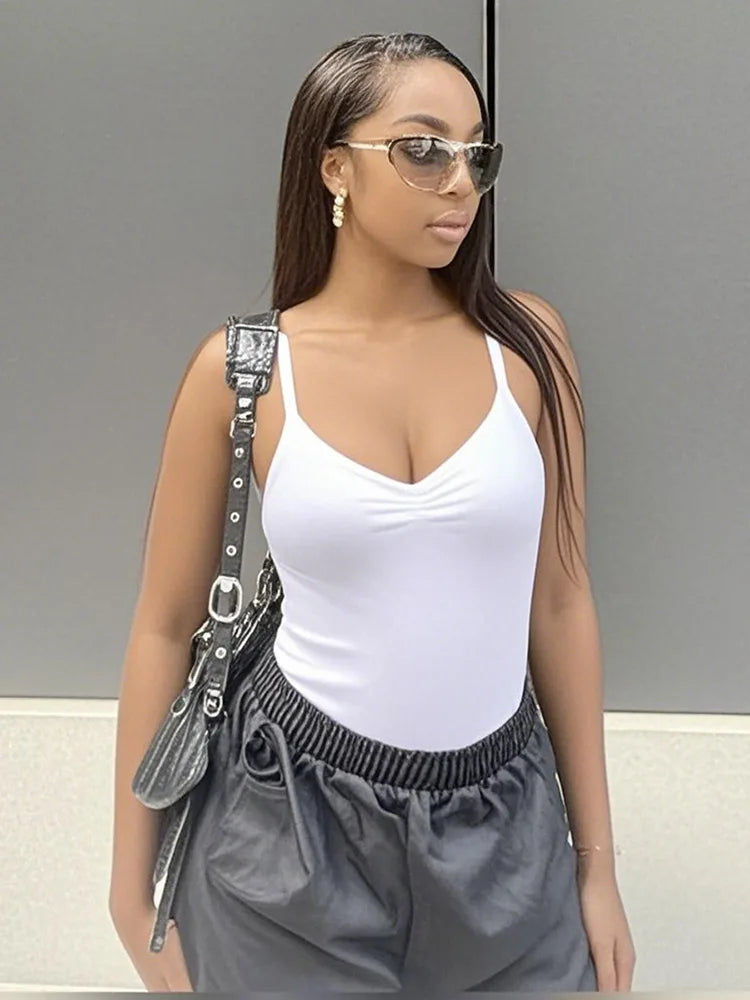 Sleeveless Skinny Spaghetti Strap Black Bodysuit