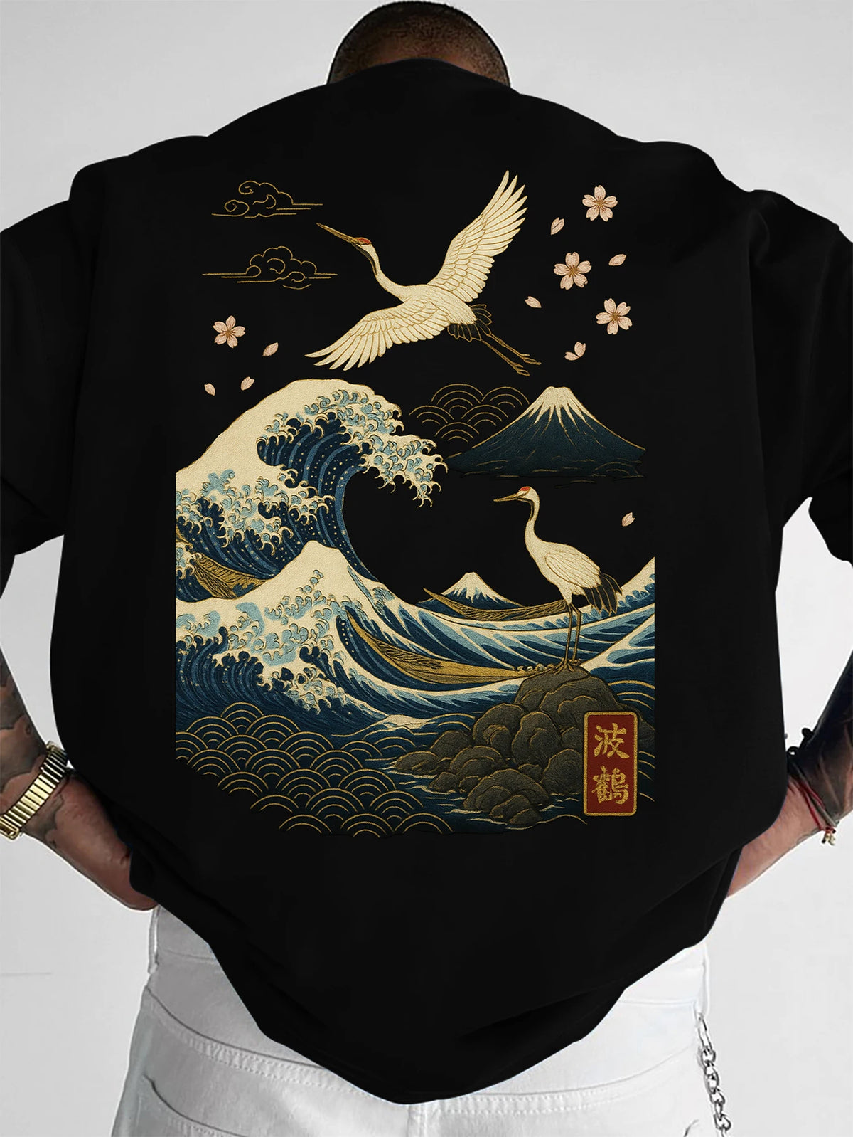 Cherry Blossom Crane Embroidery T-shirt