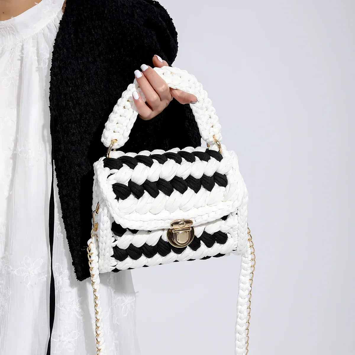 Woven Bag Knitted Shoulder Chunky