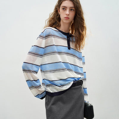 Stripped Linen Button Long Sleeve Top