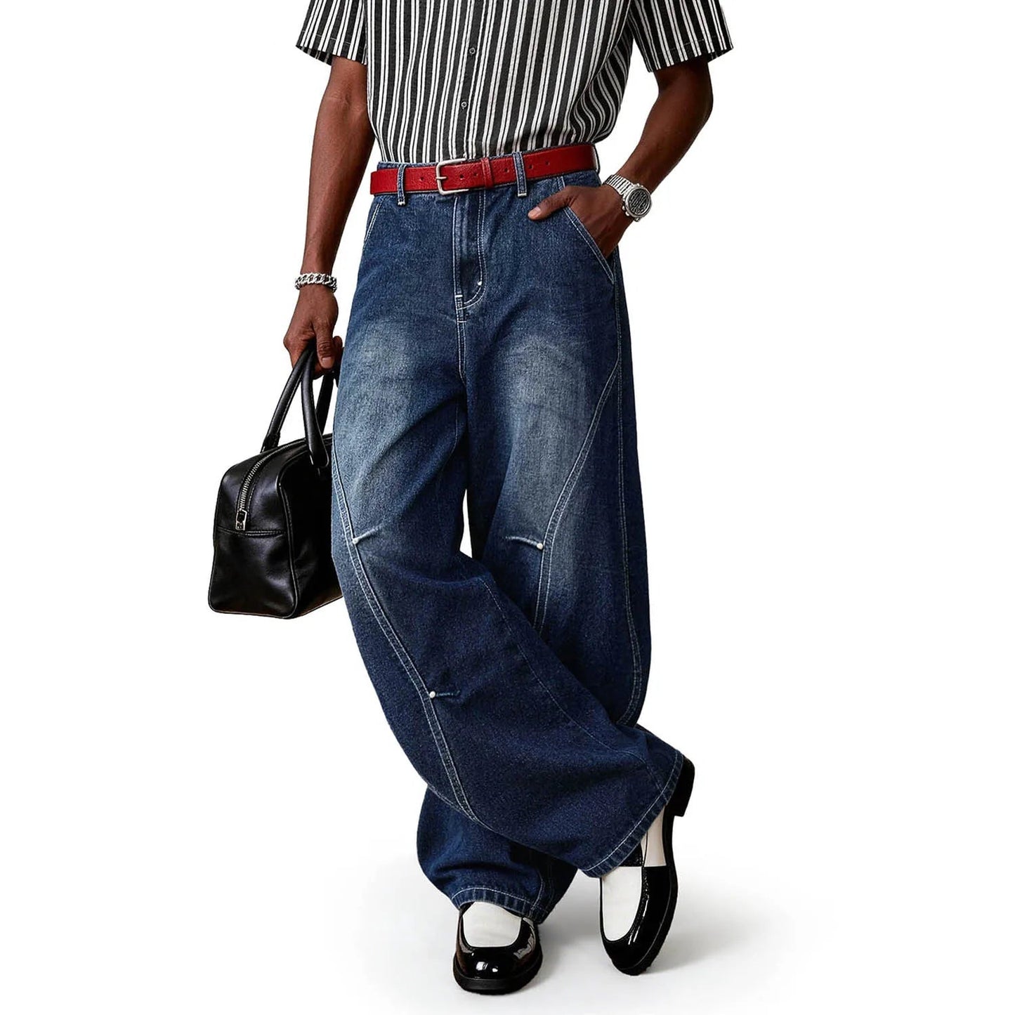 A person wearing blue splicing ultra baggy wide leg jeans.