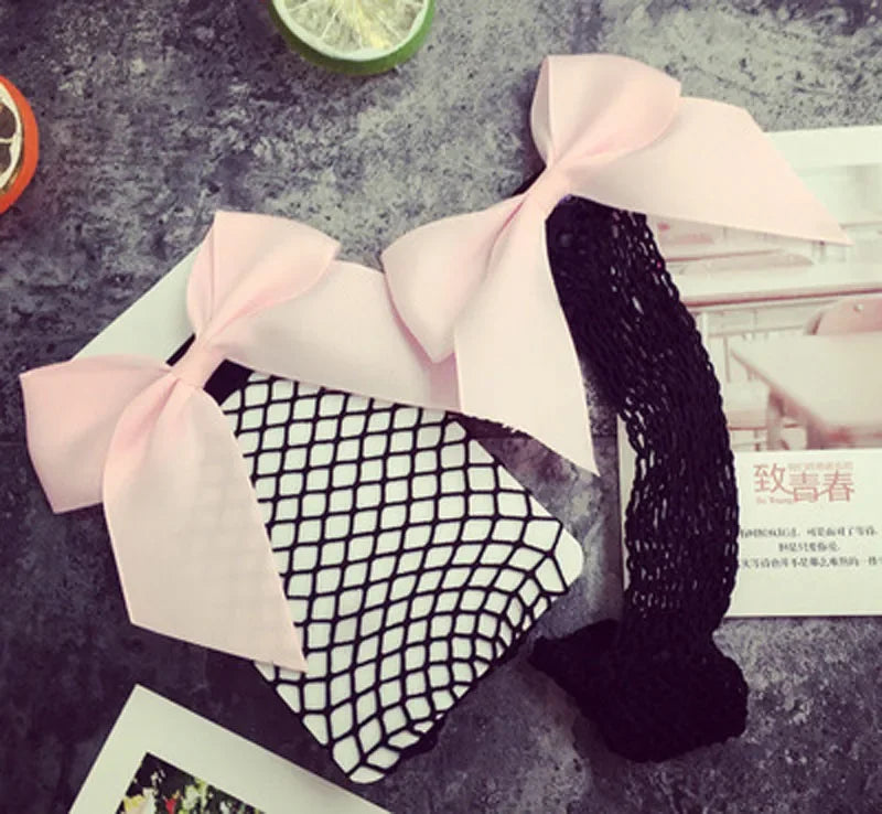 Ladies Fishnet Socks Heel With Bow Pearls Funny Breathable Socks