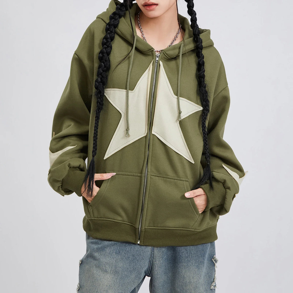 Y2K Star Patch Zip-Up Hoodie