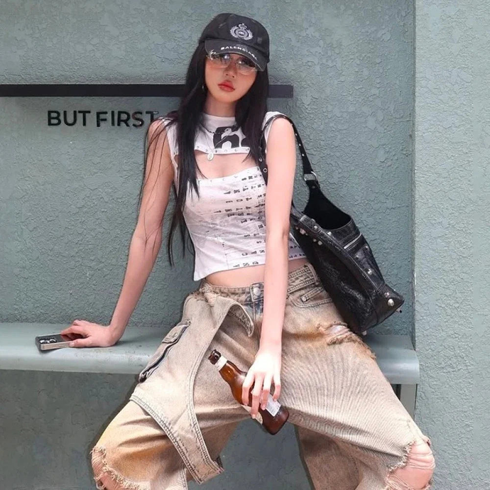 Y2K Printed Cut Out Crop Top