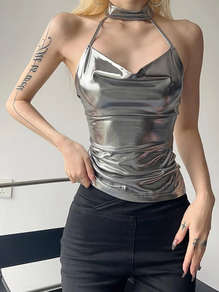 Y2k Silver Hanging Neck Crop Top