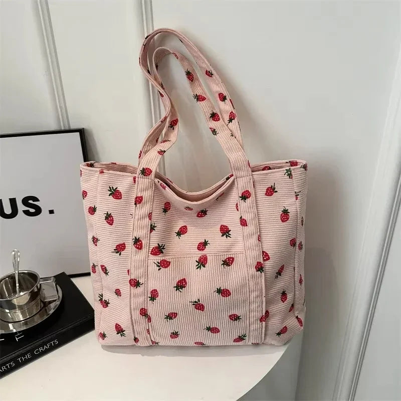 Corduroy Strawberry Print Tote Shoulder Bag