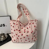 Corduroy Strawberry Print Tote Shoulder Bag