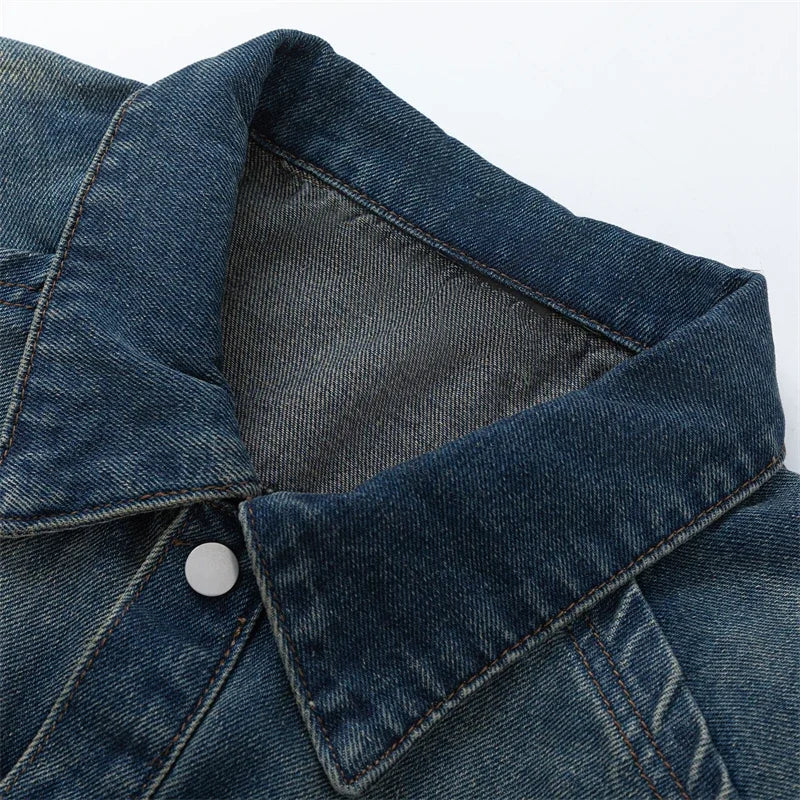 V-neck Washed Dark Blue Denim Jacket