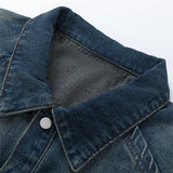 V-neck Washed Dark Blue Denim Jacket