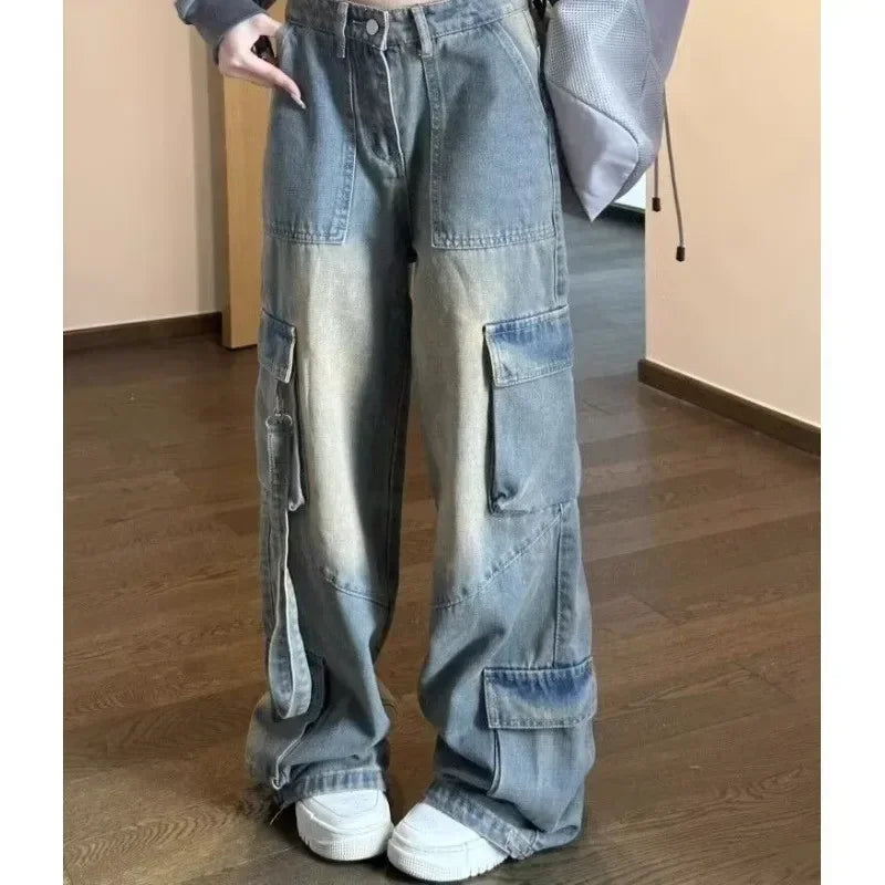 High Waist Denim Cargo Jeans