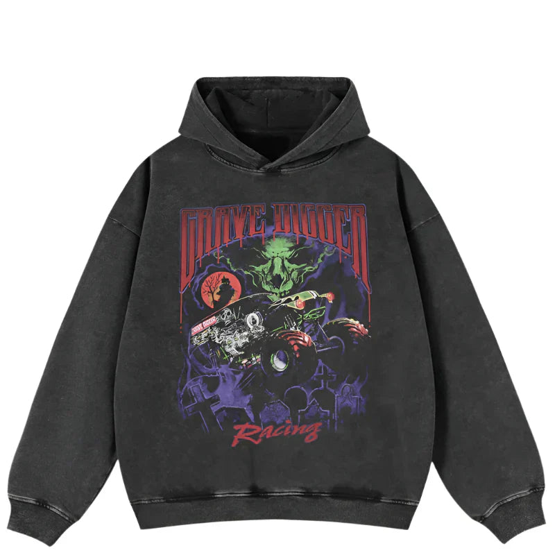 Oversized Black Graphic Black Hoodie