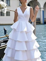 Tiered Layered V-neck White Boho Midi Dress