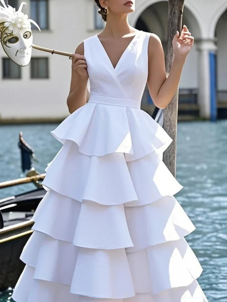 Tiered Layered V-neck White Boho Midi Dress