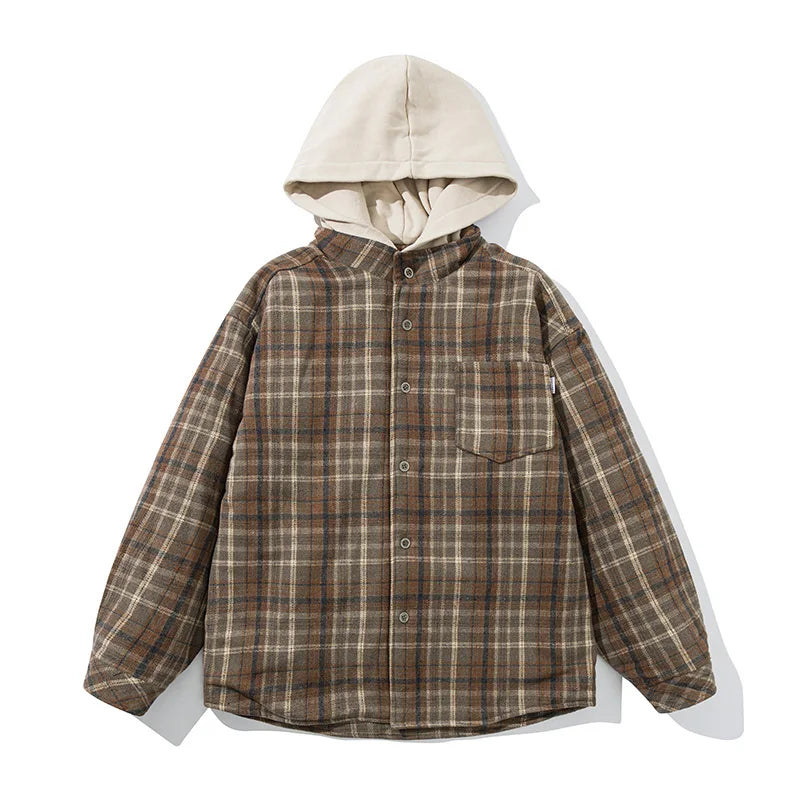 Hooded Plaid Pocket Puffer Jacket