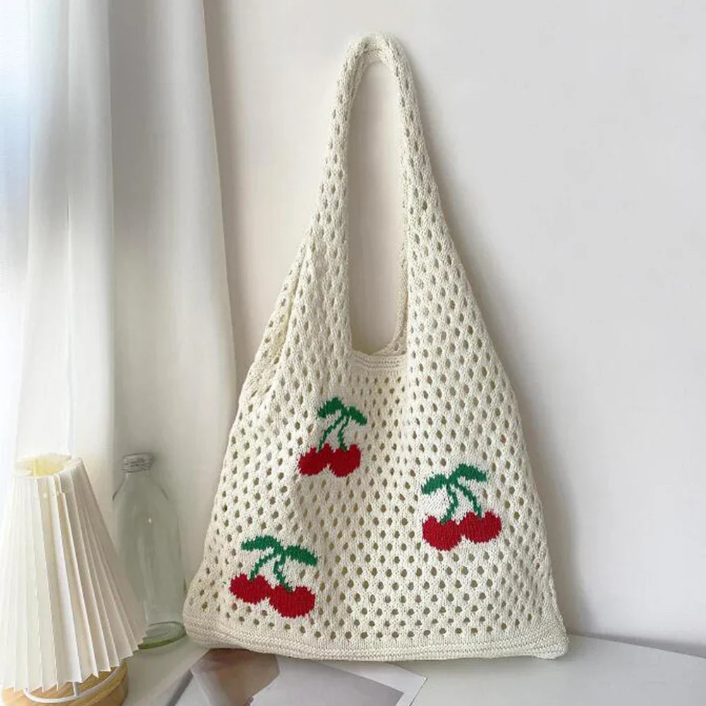 Vintage Strawberry Cherry Pattern Crochet Tote Bag
